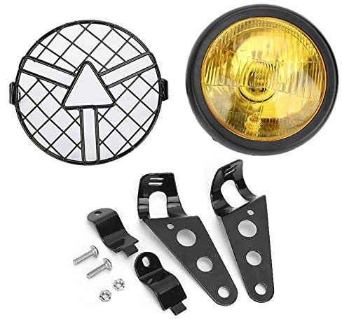 EBTOOLS Phare halogène 12V pour Moto, Moto Universel rétro Grill Phare Phare Avant avec Abat-Jour Grill Couvercle Support 5.75 Pouces(Jaune)