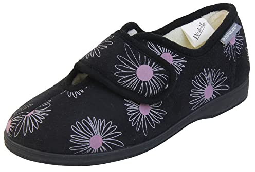 Dunlop Womens Faux Suede Hook and Loop Slippers Ladies Fleece Lined House Slipper Black UK 5