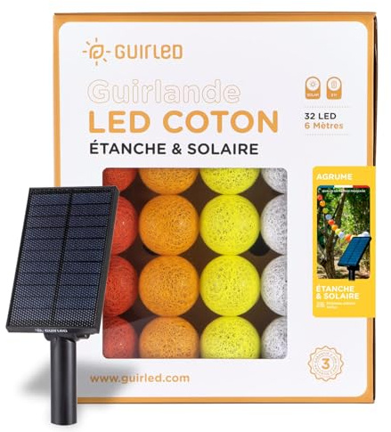 Guinguette - Ghirlanda luminosa a LED, impermeabile IP65, pannello solare ad alta efficienza, on/off, 32 sfere da 6 m, colore: Agrume