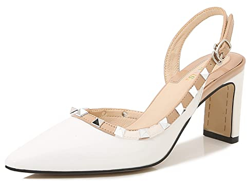 WOkismD Slingback Chunky Heels Pumps für Frauen Sexy Spitze Nieten Nieten Blockabsatz Lässige Hochzeit Büro Kleid Schuhe,Weiß,39