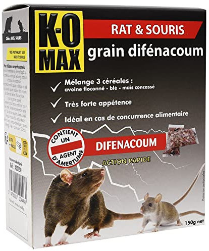 K-OMAX - Raticide Souricide - Grain Difénacoum - Contre les Rats & Souris - Grenier & Charpente - Mélange 3 céréales - Forte apétence - Prêt à l'emploi - Action rapide et radicale - 150 g