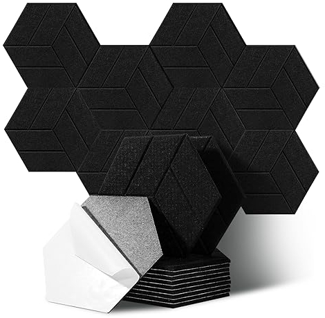 JurciCat 12 pezzi Pannelli Acustici Esagonali autoadesivi pannelli fonoassorbenti decorativi pannello fonoassorbente per studio sonoro ufficio studio sala giochi (30x26x0,9cm)