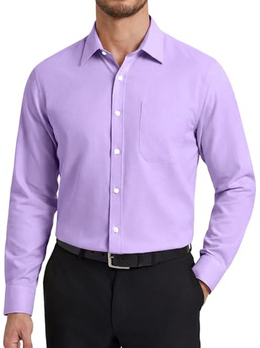 HISDERN Chemise Violet Clair Homme Manches Longues en Coton Regular Fit Chemises Habillée pour Hommes Formelle Boutonnées Casual avec Poche XL