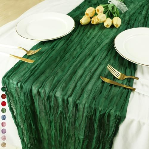 Cekene Cheesecloth Christmas Table Runner 90x400cm Rustic Gauze Fabric Tablecloth Sheer Boho Wedding Table Cover Xmas Table Decoration for Holiday Party Baby Bridal Shower Birthday Arch (Dark Green)