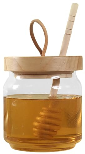 Dzmuero Honigspender, Honiggläser, Honigtopf, Honigglas mit Honiglöffel, Honigglas aus Akazienholz mit Deckel, Versiegelter Glasbehälter, Weithals-Honigvorratsglas