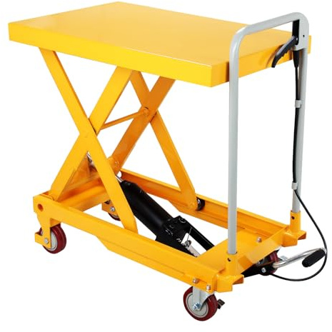 Hasopy Hydraulic Lift Table Cart, 500lbs Capacity 28.5 Lifting Height, Manual Single Scissor Lift Table with 4 Wheels and Foot Pump for Material Handling and Elevating, Yellow