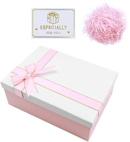 Realjoy Geschenkbox mit Deckel,25x18x8,5cm Rosa Geschenkverpackung,Geschenkkarton mit Schleife,Grußkarte und Bast,Geschenkschachtel für Geburtstage,Hochzeiten, Valentinstag,Weihnachten（Weißer Deckel）
