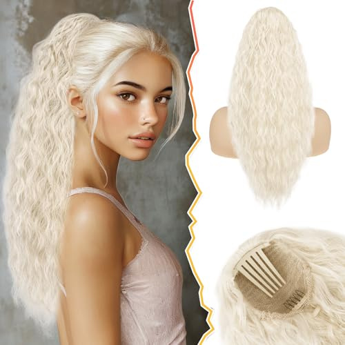 BARSDAR 56cm Biondo Platino Coda di Cavallo Extension con Coulisse, Lunga Ondulati Ricci Sintetici Pettine Clip in Coda Cavallo Posticci per Donne Naturale Ponytail Estensione Capelli