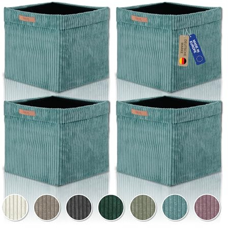 Lycce Kallax Boxen Cordstoff 4er Set | faltbare Aufbewahrungsboxen 33 x 33 x H31 cm mit abnehmbarem Cordbezug waschbar | Ordnungsboxen passend für Kallax Regal | türkis