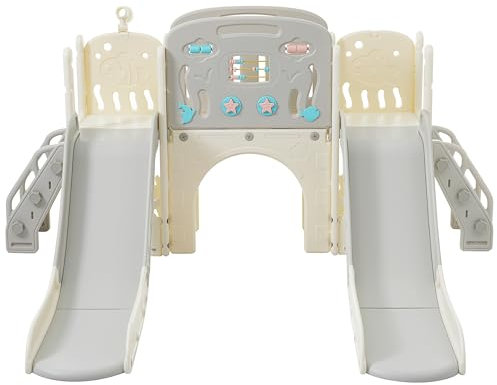 8 in 1 Kinderrutsche für Innen und Außen, Kinder Spielplatz für den Garten, Kinder Gartenrutsche mit Rutsche, Bogentunnel, Basketballkorb und Teleskop, Doppelte Rutschen für Kleinkinder (Grau)