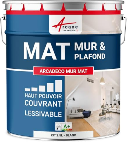 Peinture Murale Mate Lessivable Finition Veloutée - ARCADÉCO 2.5 L Blanc | Peinture Murale Mate, Finition Veloutée, Fort Pouvoir Couvrant, Lessivable, Murs et Plafonds - Arcane Industries