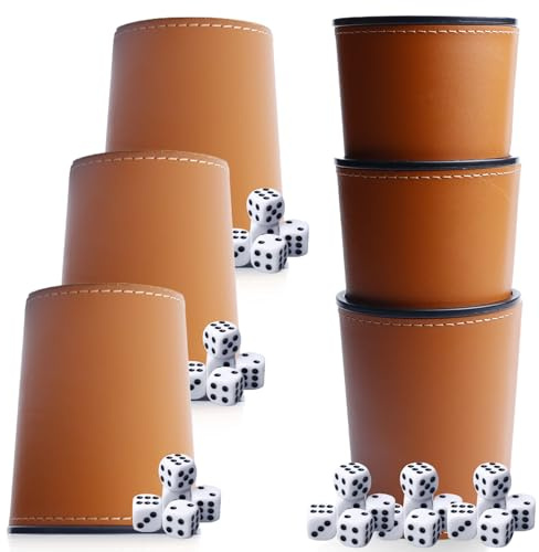 Behogan Juego de 6 vasos de piel sintética, 6 vasos de piel sintética y 36 dados (16 mm), con forro de fieltro de piel sintética, juego de dados para fiestas de bar