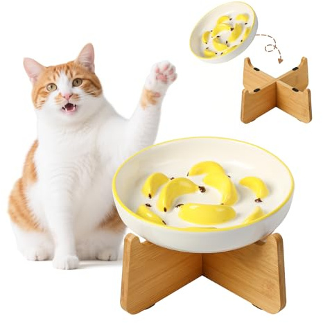Ciotola Anti Ingozzamento Gatto Rialzata - Ciotola Ceramica con Supporto in Bambù Antiscivolo - Scodella Cibo Gatti per Alimentazione Lenta - Giallo vivo