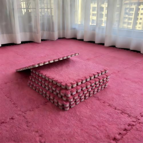 Tappetini in schiuma di peluche ad incastro 30 x 30 cm, 12 pezzi, con bordo, per bambini, soggiorno, camera da letto (rosa)