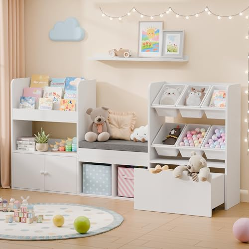 MU Kids Bookshelf with Reading Nook & Storage Bench, 73 Toy Organizer with Movable Drawer & 6 Removable Bins, Montessori Reading Corner Furniture for Playroom (White Toy Bins)