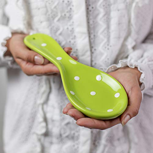 City to Cottage Spoon Rest for Stove Top, Large Ceramic Spoon Holder for Kitchen Counter, Cooking Utensil Rest for Countertop, Handcrafted Pistachio Green Polka Dot Spoon Rest for Ladle, Spatula, Tong