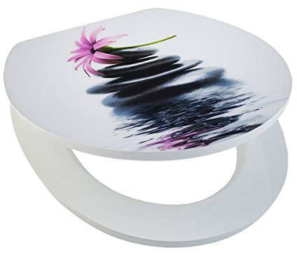 axentia Sitz & WC Deckel mit Motiv Steine-Toilettensitz & Toilettendeckel MDF in Weiß mit Dekor mit Edelstahlscharnieren & Acryl Beschichtung-Zen Steinmotiv, Edelstahl, Mehrfarbig, 44 x 37.5 x 5.5 cm