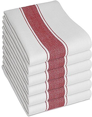 Olivia Rocco Pack of 6 Kitchen Tea Towels Large 100% Cotton Commercial Grade Towels Lint Free White Quick Drying, 70 x 50 cm, Red