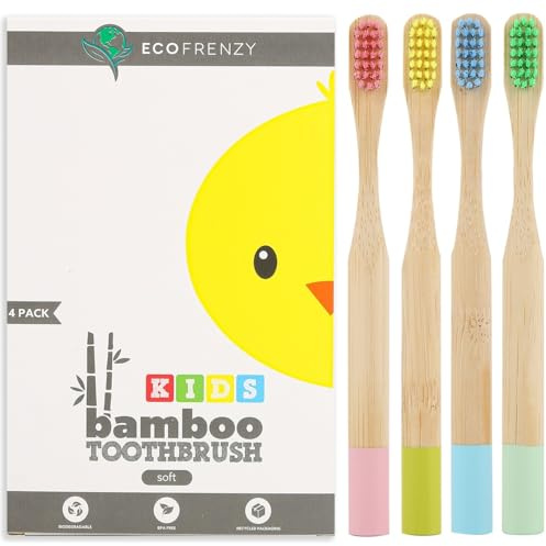 EcoFrenzy - Kids Bamboo Toothbrush - Child Size Soft BPA Free Color Safe Bristles (4 Pack)