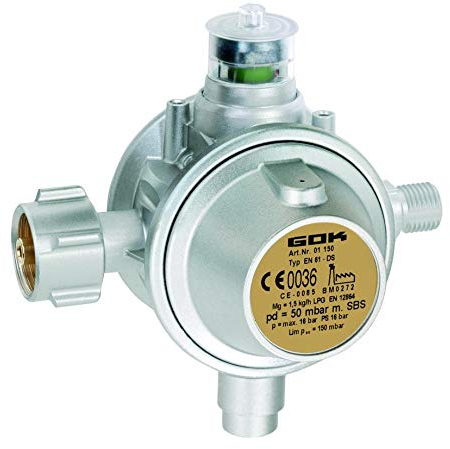 GOK Gewerberegler für Propangasflaschen, Druckminderer mit Schlauchbruchsicherung, Variante 50 mbar, Gasdruckregler