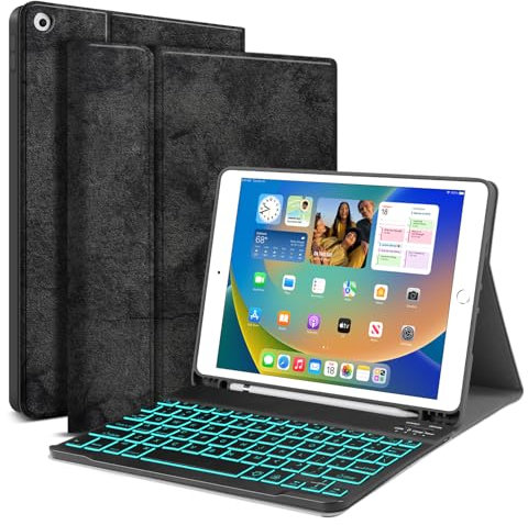 JUQITECH Backlit Keyboard Case for iPad 9th Generation (2021)/8th Gen (2020)/7th Gen(2019) 10.2inch, Smart Tablet Cover Case with Magnetically Detachable Wireless Keyboard for iPad 10.2 Pencil Holder