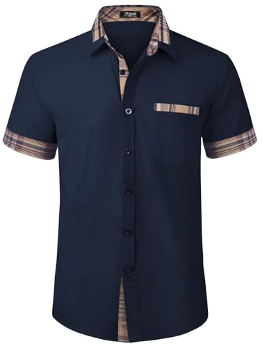 Misfuso Chemise Homme à Carreaux Manche Courte avec Poche Poitrine,Chemise décontractée sans Repassage Bleu L
