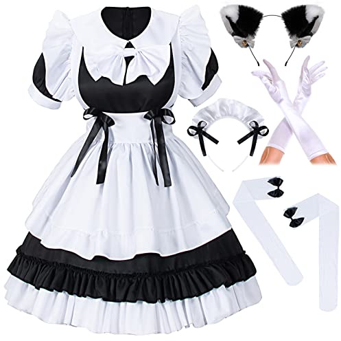 Irtysh Costume Kawaii pour fille – Robe de soubrette française – Ensemble de gants et chaussettes – Ensemble de chaussettes (noir 2XL) – Noir et blanc – Taille XXL