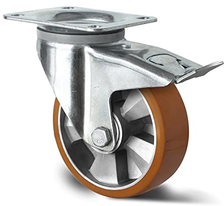 Abrollwerk Schwerlast Lenkrolle mit Bremse 160mm, 600kg Traglast, Premium Transportrolle mit Aluminiumfelge & Doppelkugellager, Gesamthöhe 195mm, Anschraubplatte, Schwerlastrolle - robust & langlebig