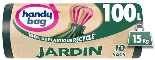 Handy Bag - Sacs poubelle jardin 100L x 10 sacs - Ultra Résistant : supporte jusqu'à 15kg - Film triple épaisseur - Poignées coulissantes pratiques - Étanchéité maximale - 100% plastique recyclé