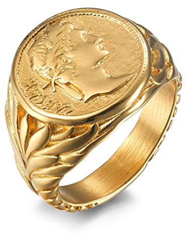 ANIEJUFI Stainless Steel Vintage Signet Rings for Men Women Roman Empire Caesar The Great Coin Statement Ring Band Gold Size 7