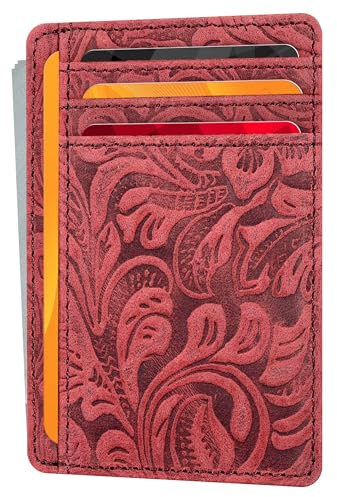 Portafoglio sottile minimalista in vera pelle, per uomini e donne, con tasca frontale con blocco RFID, sottile porta carte di credito, elegante portafoglio, Rosso 1, Porta carte