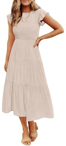 ZESICA Women's 2025 Summer Casual Flutter Short Sleeve Crew Neck Smocked Elastic Waist Tiered Midi Dress,Apricot,X-Small