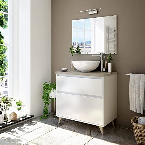 Dmora - sous-lavabo Berkeley, Meuble de Salle de Bain avec 2 Portes et 1 tiroir, Armoire de Sol, évier Non Inclus, cm 78,5x46h80, Blanc et Orme