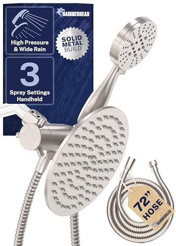 HammerHead Showers Dual Shower Head Combo, 8-Inch Rainfall & 3-Flow Handheld, Brushed Nickel, 2.5 GPM