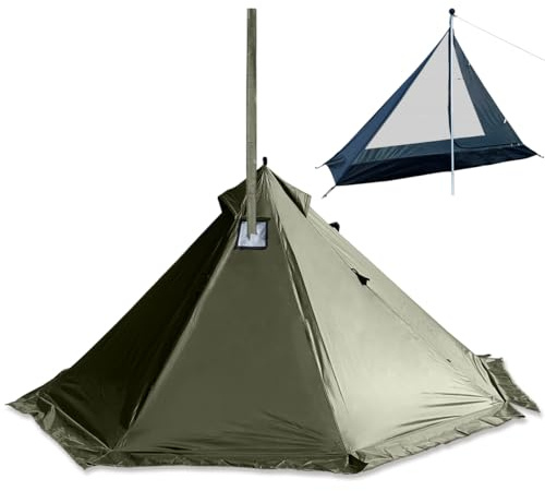 Tente chaude de camping avec poêle à bois - Tente tipi d'hiver 4 saisons pour la survie, la chasse, la pêche militaire (vert olive, 380 x 380 x 200 cm, pour 2 à 3 personnes)