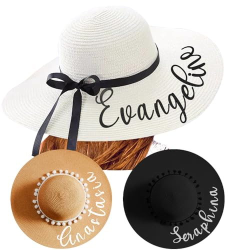 YINYIFANS Chapeau de soleil pour femmes, Texte de nom personnalisé, Chapeau de paille pliable à large bord, Protection UV 50+, Chapeau fait main, Cadeau pour lune de miel/vacances, Einheitsgröße-M