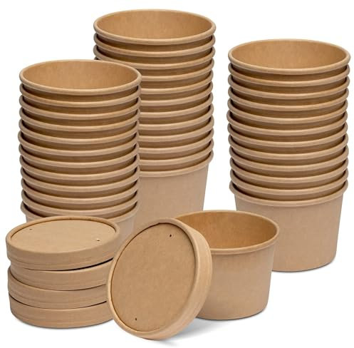 CaterCo Disposable Kraft Soup Containers with Lids (8oz / 240ml - 100 Pack) - Brown Paper Takeaway Paper Soup Cups, Microwave & Freezer Safe Ice Cream Container, Eco-Friendly (8oz / 240ml - 100 Pack)