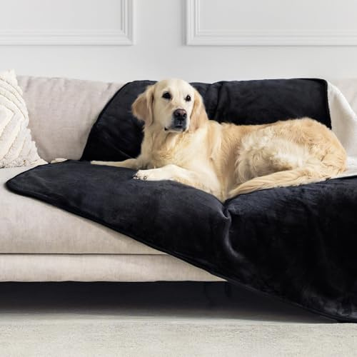 Dreamzie - Plaid Imperméable Chien 127x152 cm - Couverture Imperméable Réversible - pour Lit et Canapé Chien en Polaire Sherpa - Lavable - Noir