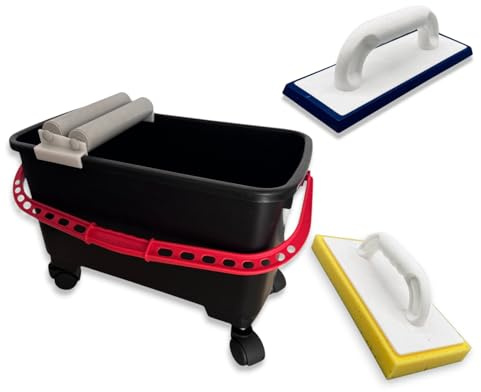Profesius Fliesenwasch-Set 20 Liter - für Fliesenleg und Verfugarbeiten- XXL Eimer mit Rollen und Bodengitter - inklusive Hydrowaschbrett + Ausfugbrett