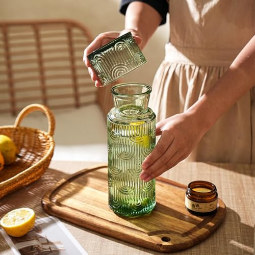 Bedside Water Carafe and Glass Set, 21.6 Oz Glass Pitcher with 6 Oz Drinking Cup Lid, Multi-Functional Mouthwash Dispenser for Bathroom Counter, Nightstand or Kitchen, Water Bottle Set