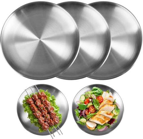 Zyren 3 Pezzi Piatti Rotondi in Acciaio Inossidabile, Piatti da Campeggio Acciaio, Piatti Rotondi in Metallo Resistenti Atossici Lavabile Lavastoviglie per Ristoranti, Picnic, Cucine e Feste – 20 cm