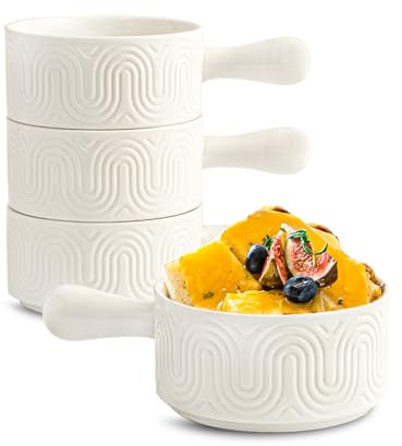 INSETLAN 18oz Suppenschüssel mit Griff,Suppentassen mit Henkel 4er Set, Keramik Suppenschüsseln im Bogendesign für Suppe, Chili, Eintopf – Spülmaschinen- & Mikrowellengeeignet, Stoßfest