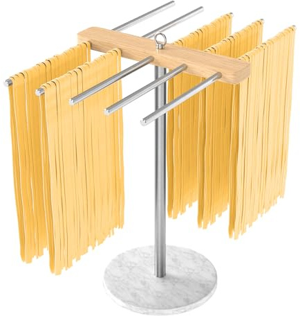 STWWO Séchoir à Pates Fraiches Séchoir à Spaghetti avec 10 Bras Amovibles INOX 304 Support de Séchage de Nouilles pour Pâtes Faits Maison - Jusqu'à 2 Kg de Pâtes Fraiches - Socle en marbre, MSA007