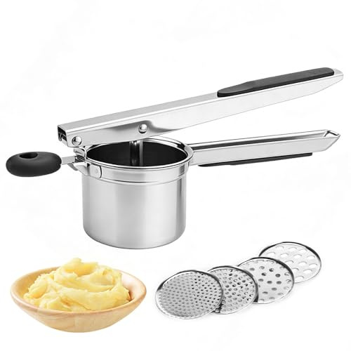 Exsink Passapatate in Acciaio Inox,Professionale Pressa Purea Manuale, Spremiapatate in Acciaio Inox con 4 Dischi Intercambiabili per Verdure, per Purè di Patate, Lavabile in Lavastoviglie