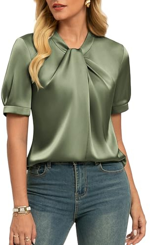 GRACE KARIN Women Satin Blouse Short Sleeve Summer Top Elegant Silk Dressy Shirt Casual Office Work Tops for Ladies UK Artichoke L