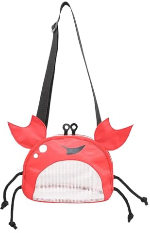 Mesh Beach Toy Bag, Crab-Shaped Shell Collecting Bag with Adjustable Shoulder Strap, Cute Sand Toy Storage for Kids, Red
