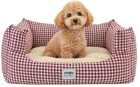YAGU - Cama para Perros y Gatos T-1 (50x38x22 cm) Cama Confort Diseño Vichy Grana con Interior de Borreguillo Suave. Cojín Reversible, Relleno de Fibra Reciclada, Lavable y Base Antideslizante