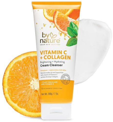 By Nature Vitamin C + Collagen Face Cream Cleanser - Daily Makeup Remover and Facial Wash from New Zealand (7 Oz)