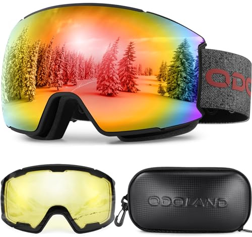 Odoland Ski Goggles Set with Detachable Lens, Interchangeable Lens, Anti-Fog UV Protection Snow Goggles for Men and Women, Helmet Compatible, Black Frame Blaze Lens vlt 25%