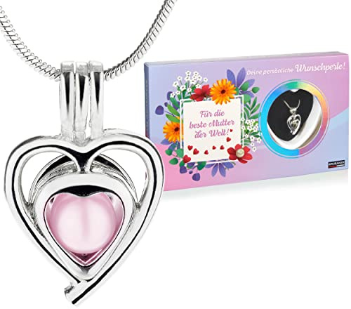 Brubaker Perlina dei Desideri per Die beste Mama der Welt (Tedesco) - Collana con Ciondolo a Forma di Cuore in Argento + Conchiglia con Perla Vera come Set Regalo per la Festa della Mamma